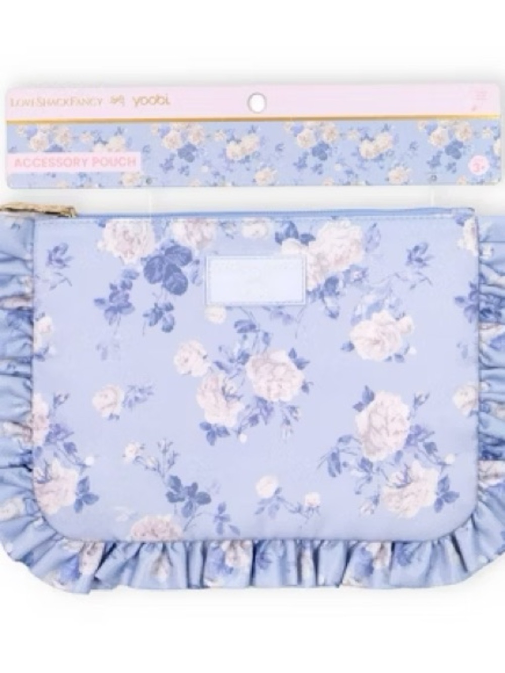 Love Shack Fancy Pencil Case Accessory Pouch Ruffle Floral Blue Zip Bag NEW